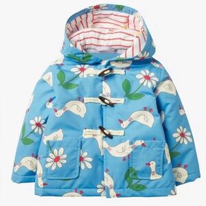 NWOT. Mini Boden Blue Daisy Duck Print Waterproof Duffle Coat, Size 3-4y